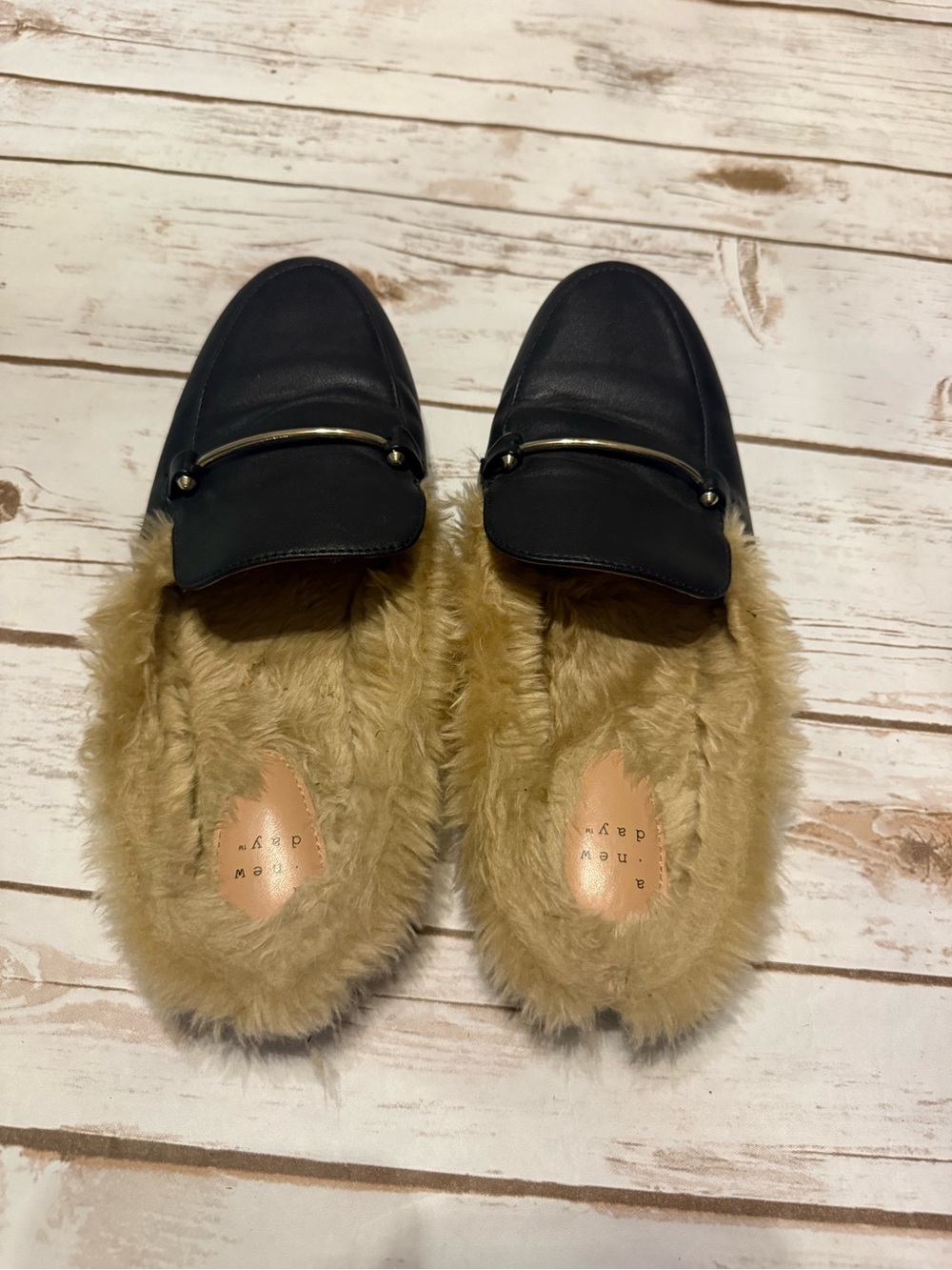 a new day Black Faux Leather Fur-Lined Mules with Gold Bar